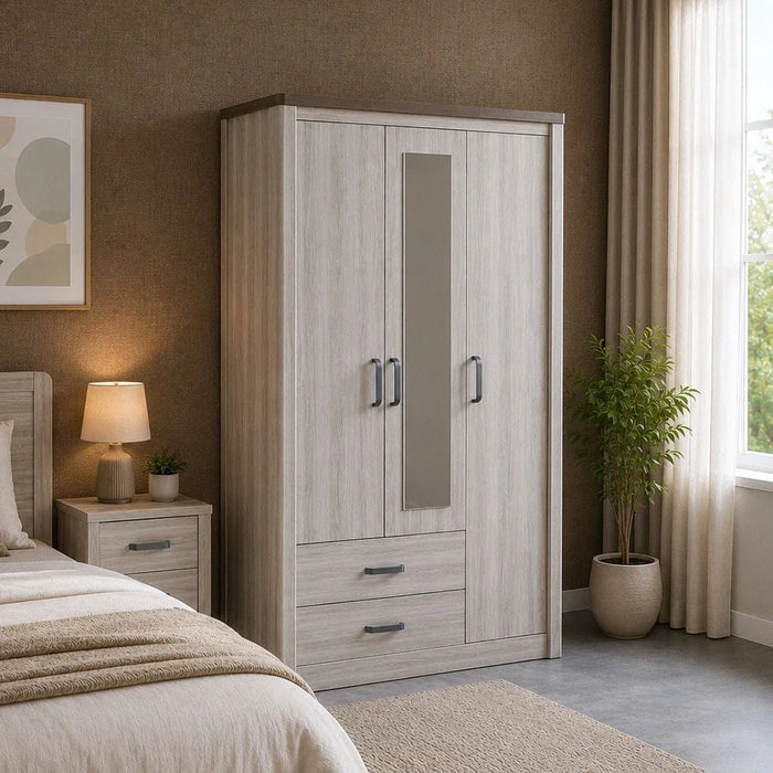 Olivos 3-Door Wardrobe with Mirror-Ash Grey/Oak