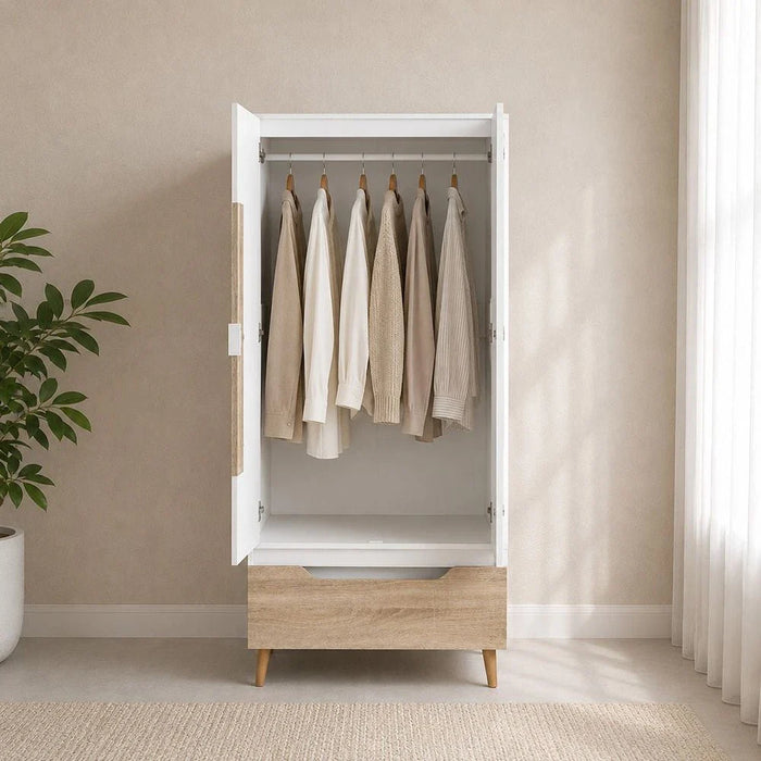 Aurora 2 Door Wardrobe With Drawer-White/Natural