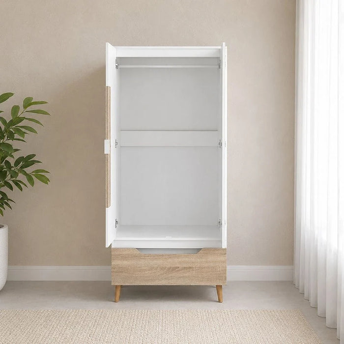 Aurora 2 Door Wardrobe With Drawer-White/Natural