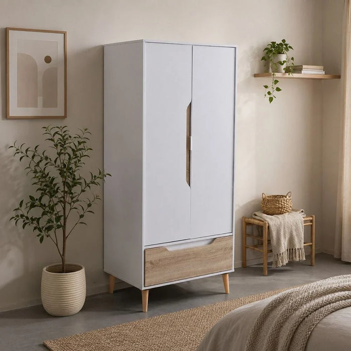 Aurora 2 Door Wardrobe With Drawer-White/Natural