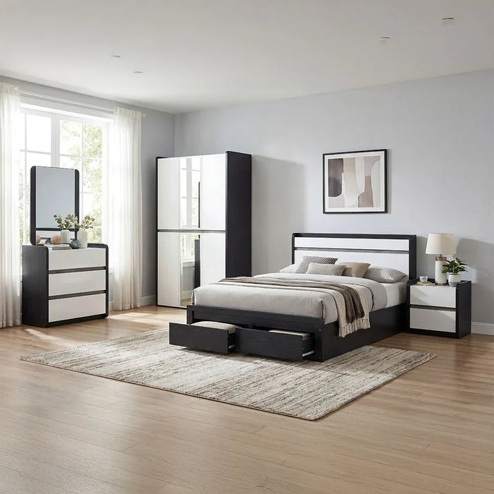 Diamond 3 Doors Wardrobe With Mirror-Black+Gloss White