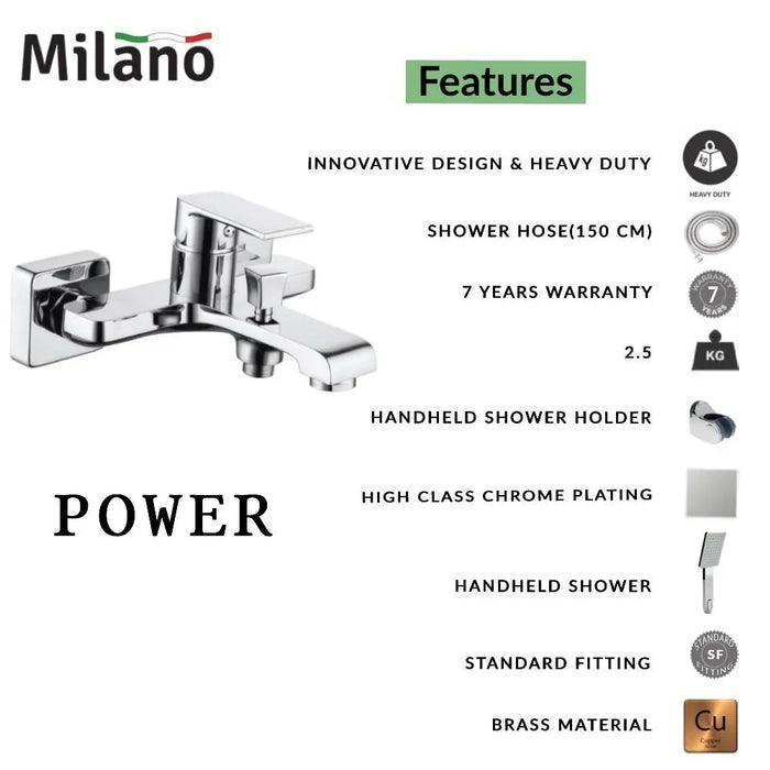 Milano Power Bath Mixer With Shower Set Silver 40x60cm