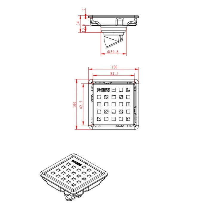 Milano Shower Drain 100x100mm Black Finish - Stainless Steel Floor Drain | Sanitary Bath Valves & Drains | 5-Year Warranty