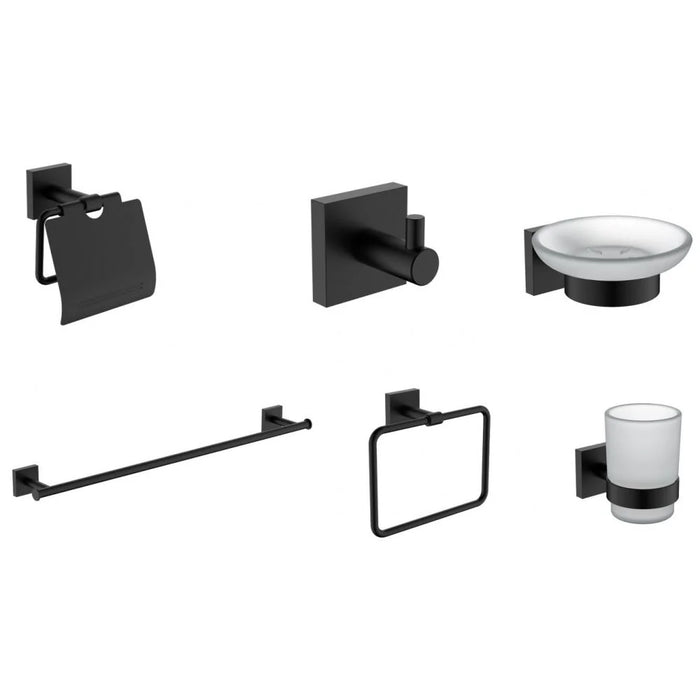Milano Plus Dina Bathroom Accessories 6-Piece Gift Set – Complete Bathroom Set with Soap Dispenser, Towel Rack, Modern & Stylish Bathroom Essentials for Home Matt Blk