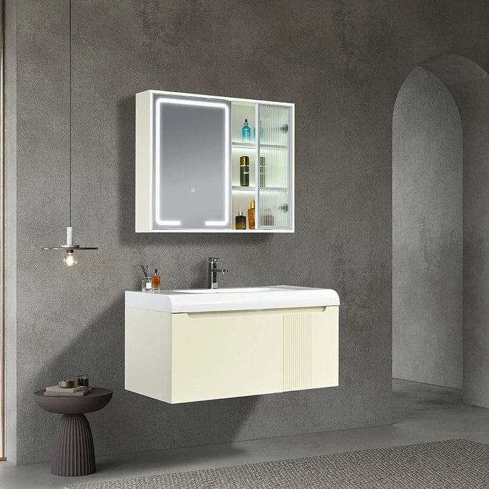 Milano Jelen Vanity With Mirror & Cabinet (2Pcs/Set) (100X500X500) Cm - Off-White Finish| Single Basin Wooden/Pvc Sink Cabinet Compact Storage Cabinet For Modern Bathroom
