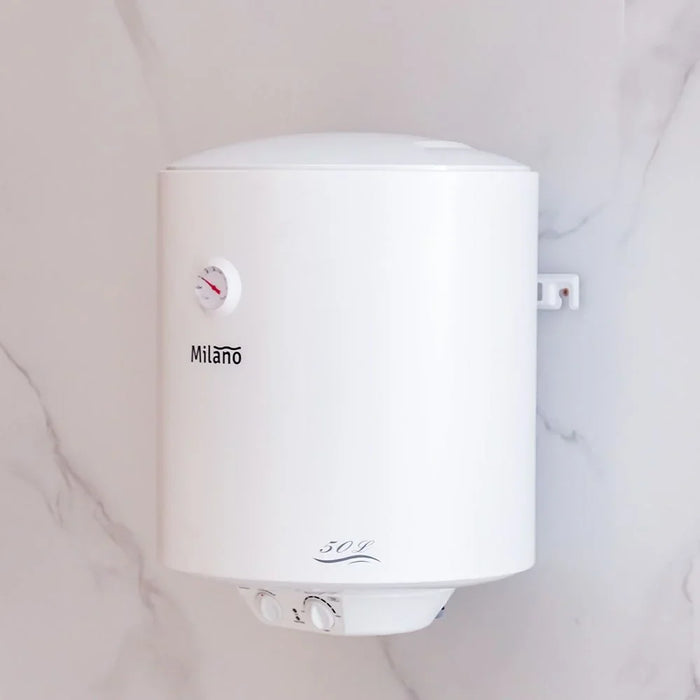 Milano Electric Water Heater Vertical,50 Liter (13.21 Gallons) Indoor Point of Use Hot Water Heater, Energy Saver Waterproof  Water Heater For Bathroom Shower,1500W, 220-240V 50/60Hz, 450x558mm- White 50Liters