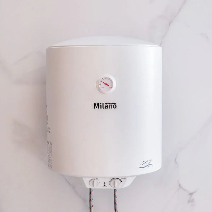 Milano Electric Water Heater Vertical,50 Liter (13.21 Gallons) Indoor Point of Use Hot Water Heater, Energy Saver Waterproof  Water Heater For Bathroom Shower,1500W, 220-240V 50/60Hz, 450x558mm- White 50Liters