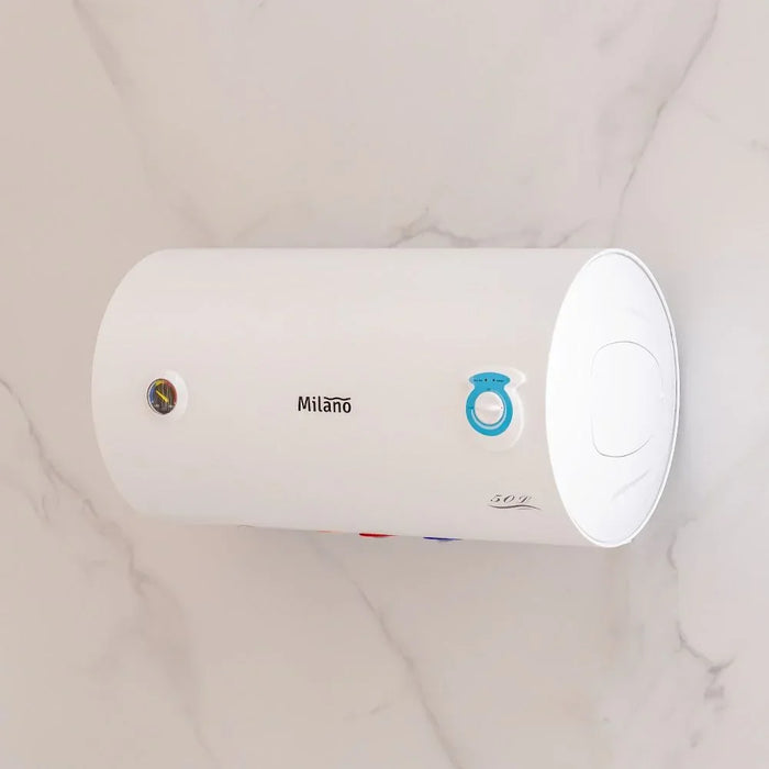 Milano Electric Water Heater Horizontal,50 Liter (13.21 Gallons) Indoor Point of Use Hot Water Heater,Energy Saver Waterproof  Water Heater For Bathroom Shower,1500W, 220-240V 50/60Hz, 450x558mm- White 50Liters