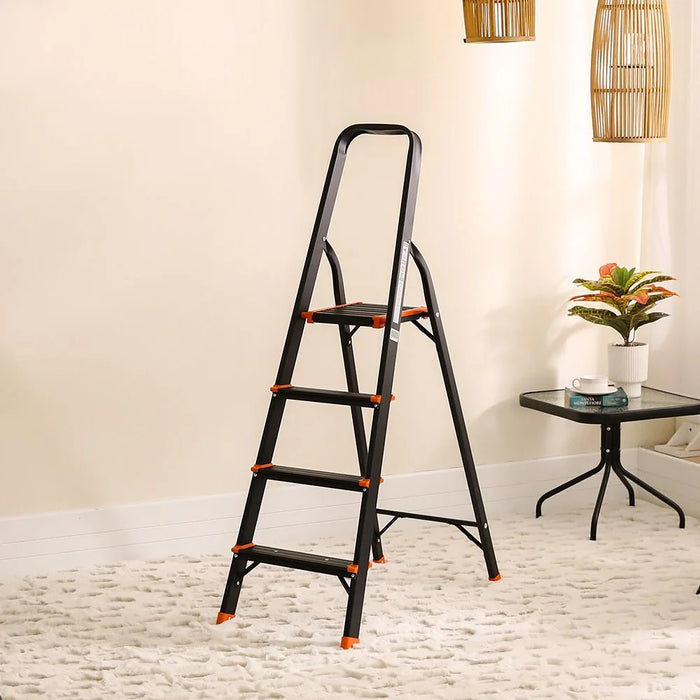 Milano Arnold 4-Step Household Ladder - Lightweight Aluminum Step Stool for Indoor & Outdoor Use - R16004 Black/Orange - Easy to Use, No Installation Required