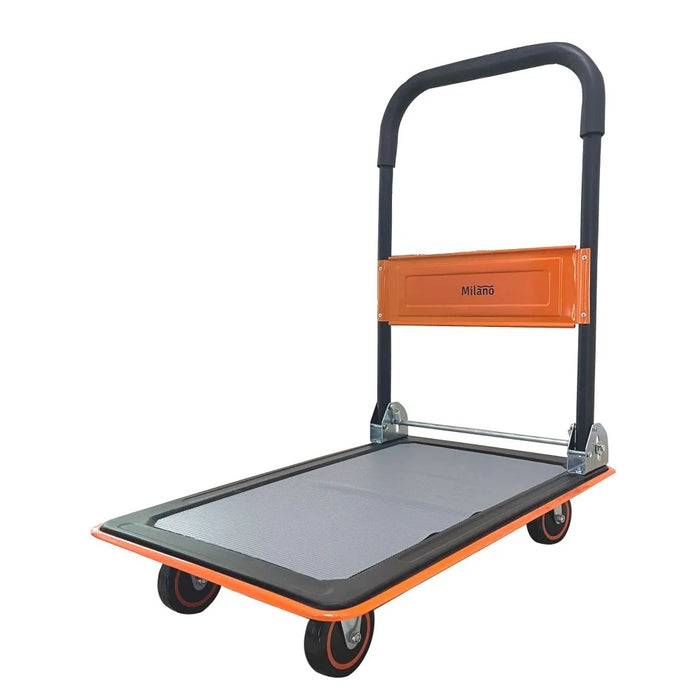 Milano Steel Platform Trolley - 300Kg Capacity, Black/Orange, PVC Covered Platform & PU Wheels, Heavy Duty Hand Trolley for Hardware & Tools - Self Installation