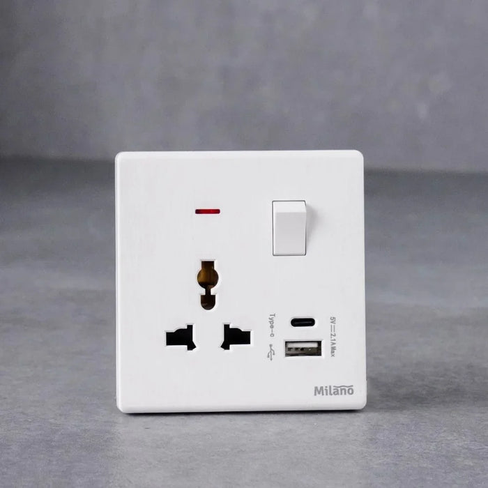 Milano 13A Universal Socket with USB Type A+C - Fire Retardant PC Material, 25 Years Warranty, Ideal for Home/Office/Hotel Use, Aura Switch, White