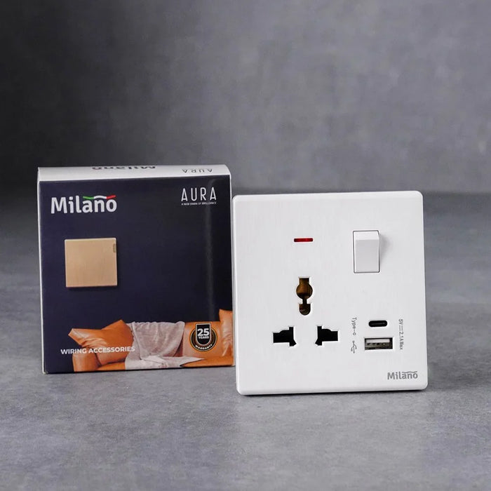 Milano 13A Universal Socket with USB Type A+C - Fire Retardant PC Material, 25 Years Warranty, Ideal for Home/Office/Hotel Use, Aura Switch, White
