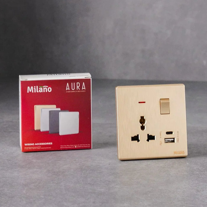Milano Aura 13A Universal Socket With Neon & Usb Type A+C - Gold Finish Durable Fire Retardant Pc/Silver Point Red Copper Electrical Switches & Sockets Home Electronic Accessories - 17.2X9X4Cm