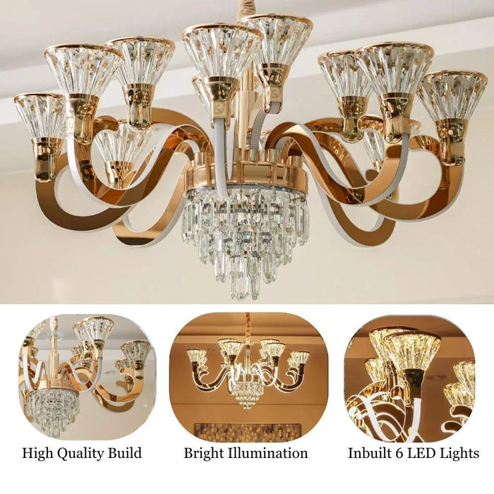 Danube Home Casablanca Traditional Chandelier For Living Room| 6- Lights Indoor Lighting Fixture With LED-Lights (Included)| Metal Frame With Rose Gold & Clear Finish| L78xW78xH46cm (1 Year Warranty)