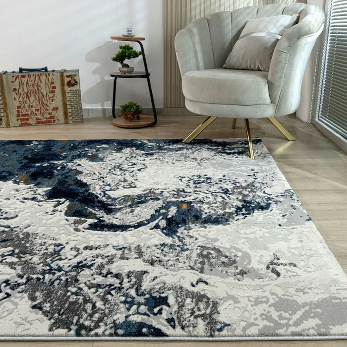 Harmony Modern Distressed Rug | Washable Modern Rugs Style | Polypropylene + Polyester Area Rug Floor Covering | Indoor Carpet For Living Room Dining Bedroom 160X230cm-Blue