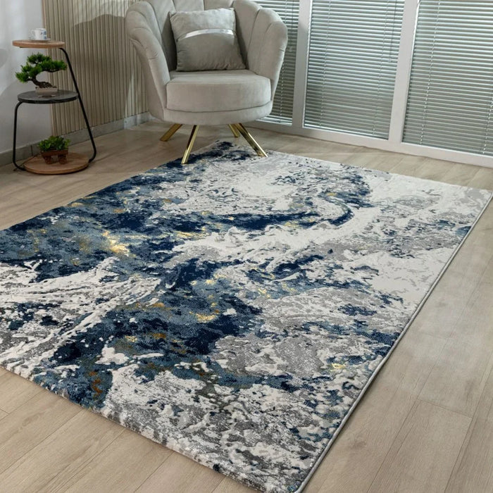 Harmony Modern Distressed Rug | Washable Modern Rugs Style | Polypropylene + Polyester Area Rug Floor Covering | Indoor Carpet For Living Room Dining Bedroom 160X230cm-Blue