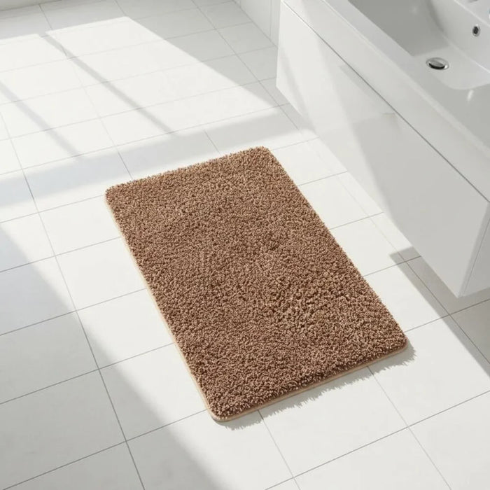 Beluxe Snow Micro-Fiber Rubber Bath Mat 50x80cm - Soft, Absorbent, Non-Slip Bathroom Rug in White and Brown - Ideal For Shower, Bath, and Spa Use