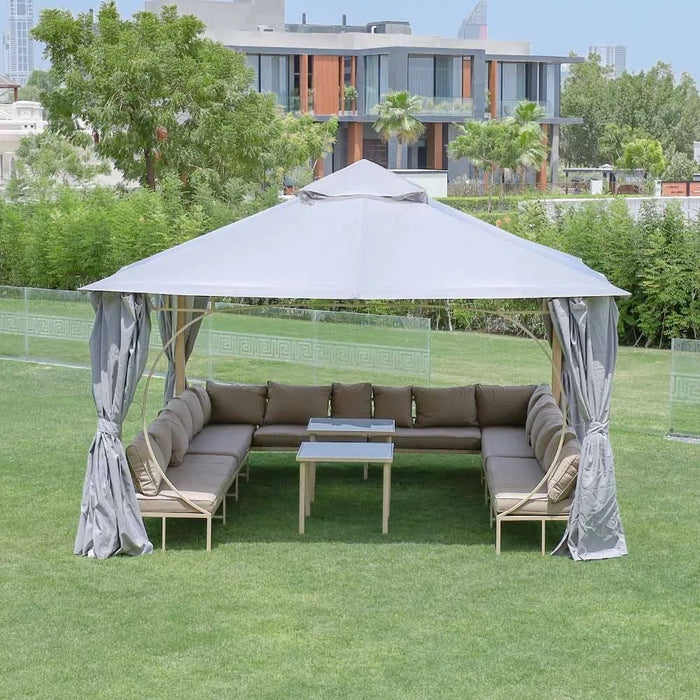 Miraj Gazebo Steel Frame With Polyester Roof Square Shape With Curtain And Net UV Resistant Garden Patio Canopy Modern Outdoor Furniture 4x4m Beige