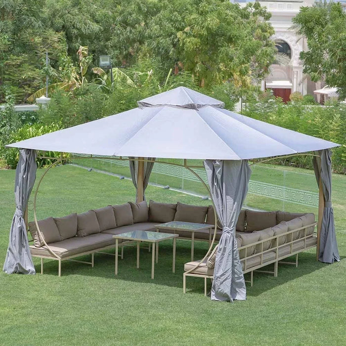 Miraj Gazebo Steel Frame With Polyester Roof Square Shape With Curtain And Net UV Resistant Garden Patio Canopy Modern Outdoor Furniture 4x4m Beige
