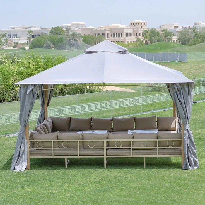 Miraj Gazebo Steel Frame With Polyester Roof Square Shape With Curtain And Net UV Resistant Garden Patio Canopy Modern Outdoor Furniture 4x4m Beige