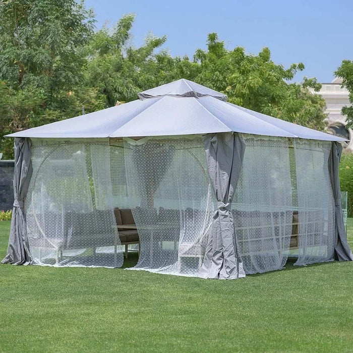 Miraj Gazebo Steel Frame With Polyester Roof Square Shape With Curtain And Net UV Resistant Garden Patio Canopy Modern Outdoor Furniture 4x4m Beige