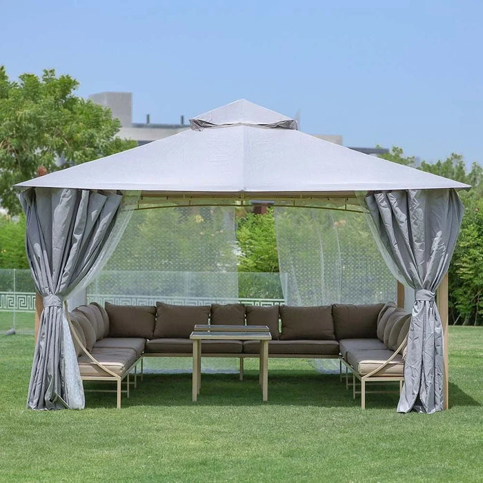 Miraj Gazebo Steel Frame With Polyester Roof Square Shape With Curtain And Net UV Resistant Garden Patio Canopy Modern Outdoor Furniture 4x4m Beige