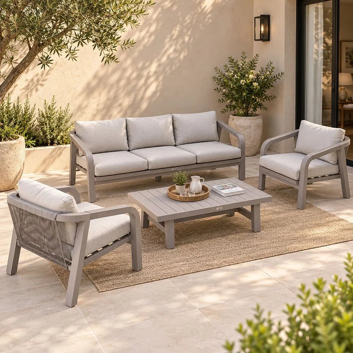 Manchester 5 Seater Outdoor Sofa Set Aluminum Frame Garden Furniture Modern Design Lounge Sofa Sets 4 Pieces Outdoor Seating Table And Chairs Set For Patio Balcony Lawn Yard Beige