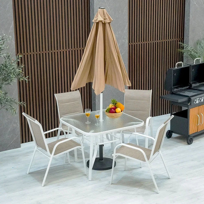 Eve 5 Pieces Outdoor Dining Set Water Resistant Garden Patio Dining Sets 4 Seater All Weather Steel Tempered Glass Patio Modern Outdoor Furniture Set For Lawn Garden Yard White