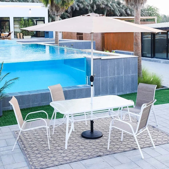 Eve 7 Piece Outdoor Dining Set Water Resistant Garden Patio Dining Sets 6 Seater All Weather Steel Tempered Glass Patio Modern Outdoor Furniture Set For Lawn Garden Yard Light Brown