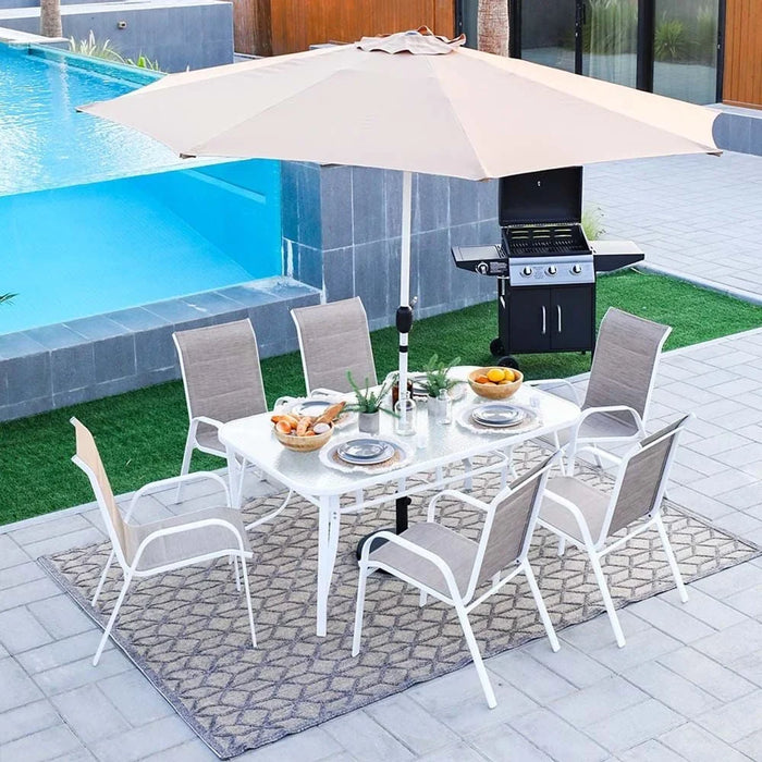 Eve 7 Piece Outdoor Dining Set Water Resistant Garden Patio Dining Sets 6 Seater All Weather Steel Tempered Glass Patio Modern Outdoor Furniture Set For Lawn Garden Yard Light Brown