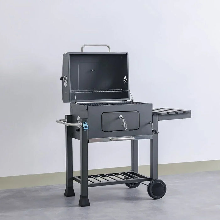 Trolley Charcoal Barbecue Grill Bbq Outdoor Patio Garden With Side Trays And Storage Shelf Barbecue Pits