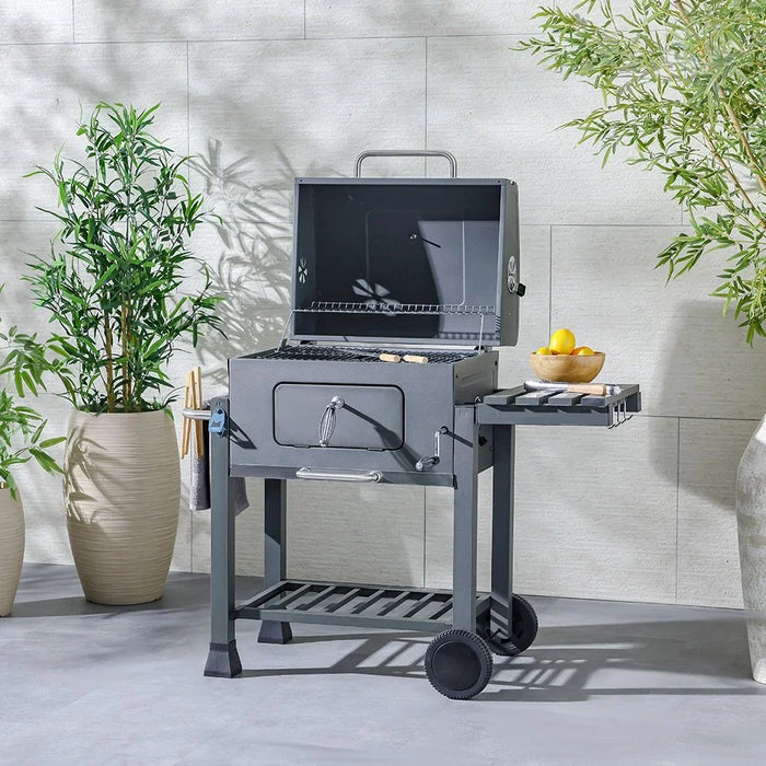 Trolley Charcoal Barbecue Grill Bbq Outdoor Patio Garden With Side Trays And Storage Shelf Barbecue Pits