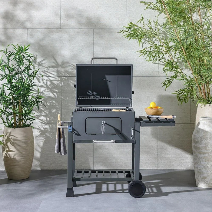 Trolley Charcoal Barbecue Grill Bbq Outdoor Patio Garden With Side Trays And Storage Shelf Barbecue Pits