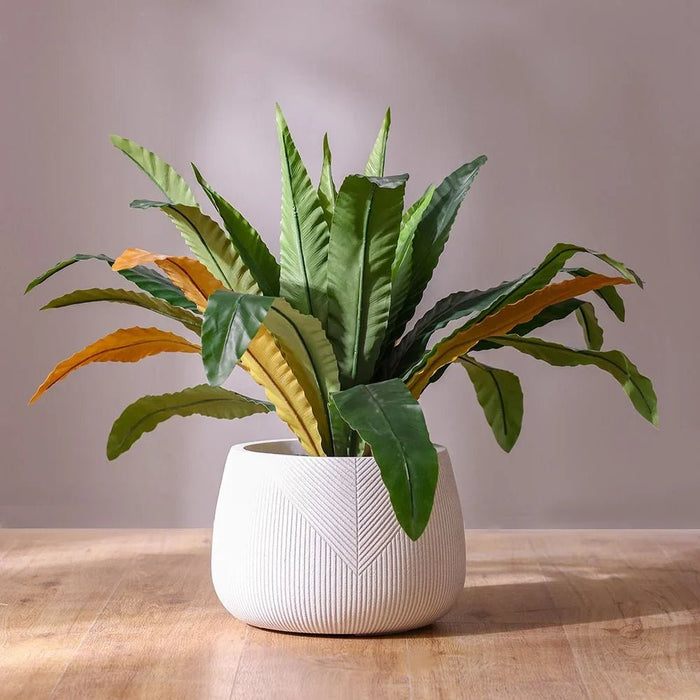 Fiber Clay Pot With Symmetry Stripes Outdoor Plants Pot Garden Decor| Decorative Planters For Home Garden 29x29x20 cm - White 231202708958