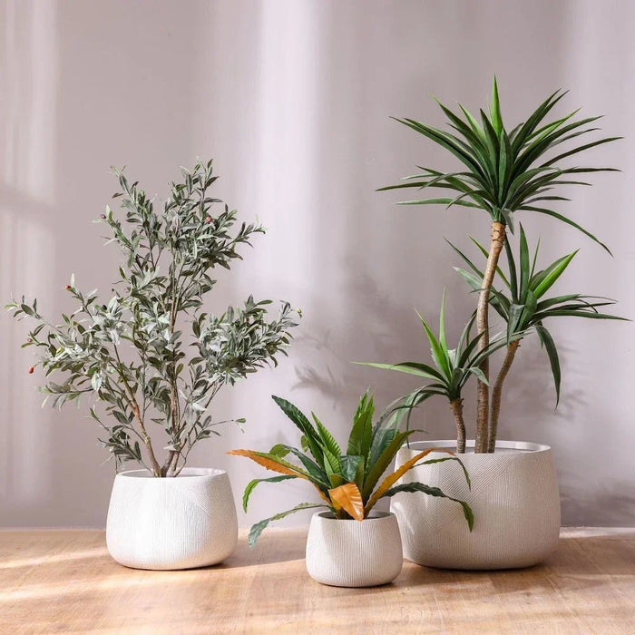 Fiber Clay Pot With Symmetry Stripes Outdoor Plants Pot Garden Decor| Decorative Planters For Home Garden 29x29x20 cm - White 231202708958