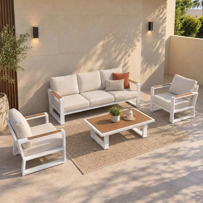 Croma 5-Seater Outdoor Sofa Set | Aluminium Frame Garden Furniture | Modern Design Patio Sofaset | Outdoor Seating Table And Chairs For Lawn Garden-White/Teakwood