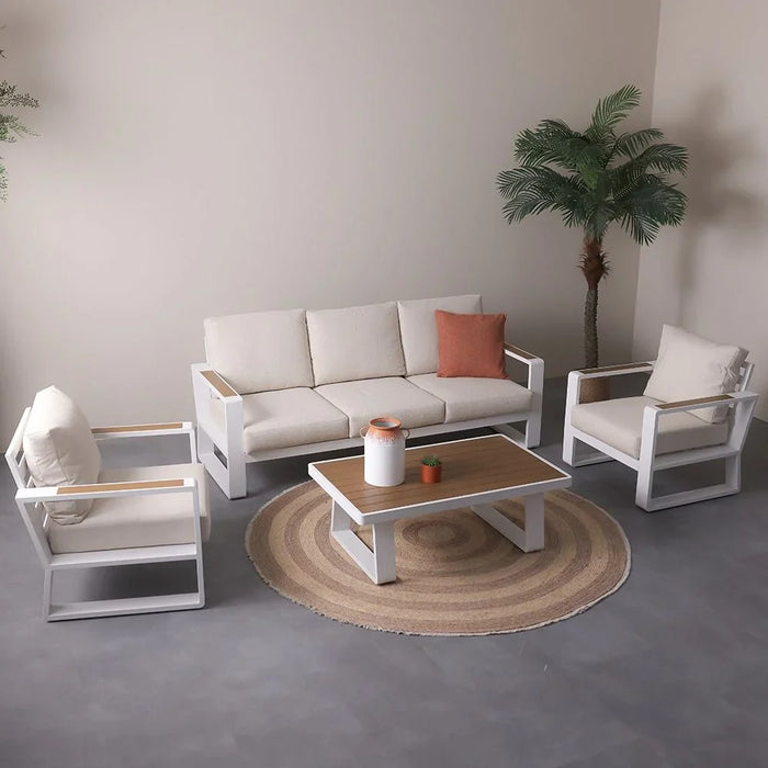 Croma 5-Seater Outdoor Sofa Set | Aluminium Frame Garden Furniture | Modern Design Patio Sofaset | Outdoor Seating Table And Chairs For Lawn Garden-White/Teakwood