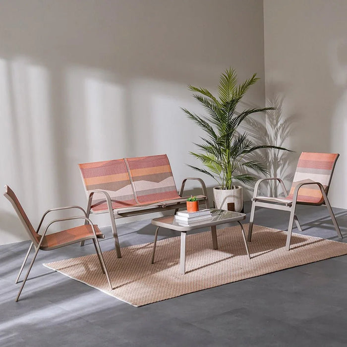 Mabel 4-Seater Outdoor Sofa Set | Steel Frame Garden Furniture | Modern Design Patio Sofaset | Outdoor Seating Table And Chairs For Lawn Garden-Taupe/Pink