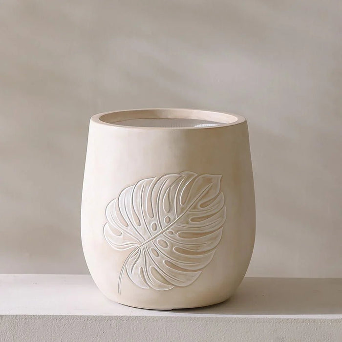 Fibre Clay Planter – Leaf Design – Large, Lightweight, Weather-Resistant Pot for Indoor/Outdoor Plants, Elegant Leaf Texture for Gardens 43.5×43.5×44 cm