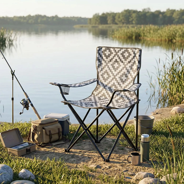 Foldable Camping Chair - Black and Grey Pattern for Outdoor