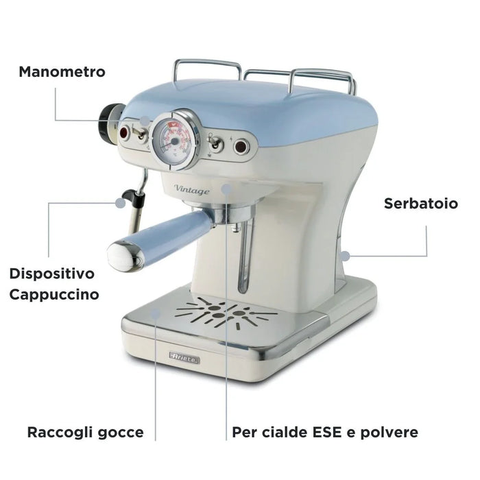 Ariete 1389/15 Retro Espresso Machine Blue, Coffee Maker With Milk Frother For Lattes Cappuccinos Powder And Pods