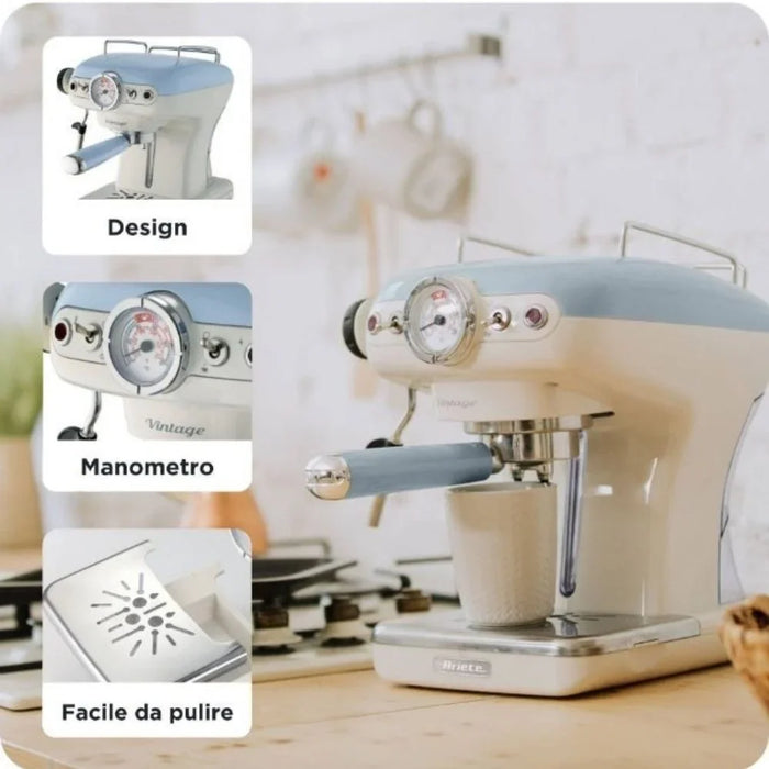 Ariete 1389/15 Retro Espresso Machine Blue, Coffee Maker With Milk Frother For Lattes Cappuccinos Powder And Pods