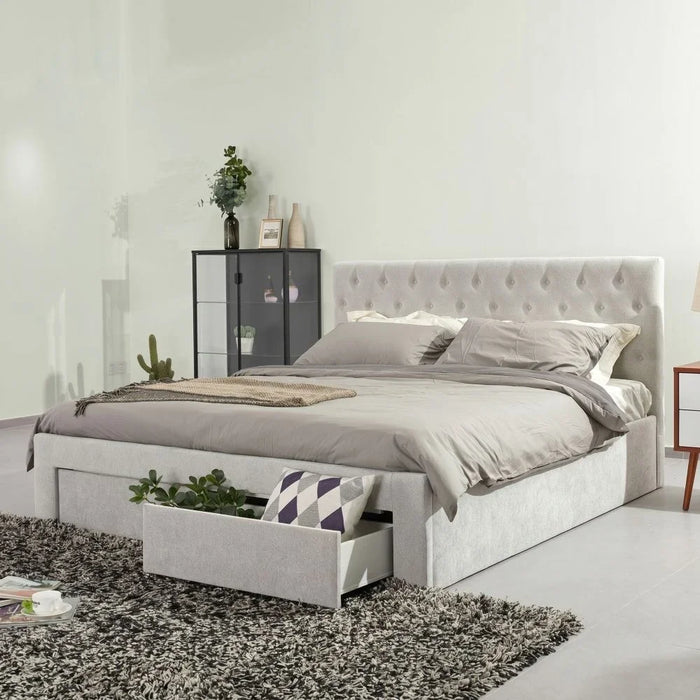Bacia 180X200 King Bed With 2 Front Drawer Storage| Sturdy Modern Design Wooden Double Bed Frame Furniture| Quiet & Comfortable BedsL 218 x W 191 x H 111 cm - Light Grey