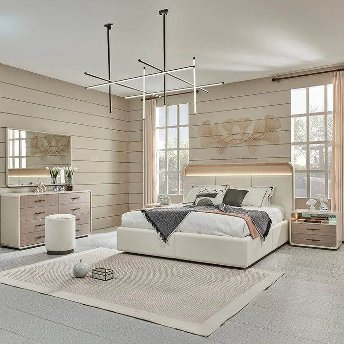 Libra 180X200 King Bed w/ 2 Night Stand w/LED and Dresser with Mirror + Stool - Light Brown / Beige