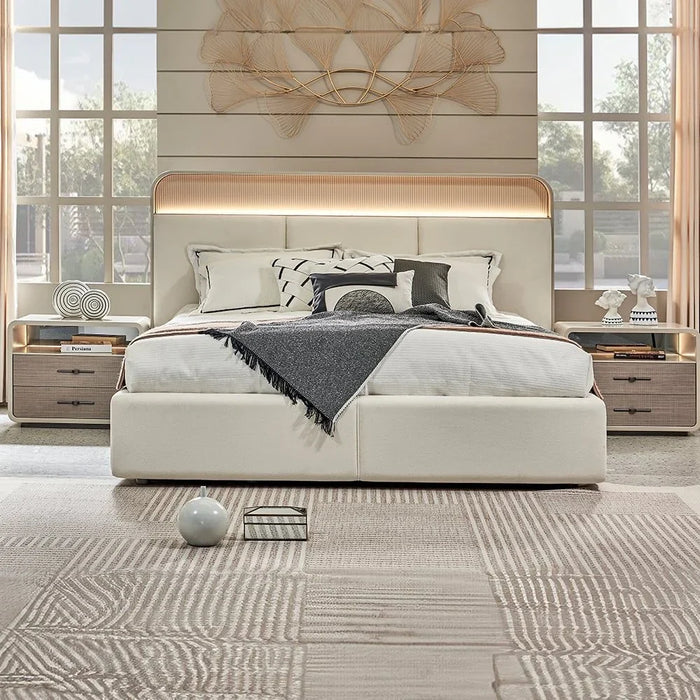 Libra 180X200 King Bed w/ 2 Night Stand w/LED and Dresser with Mirror + Stool - Light Brown / Beige
