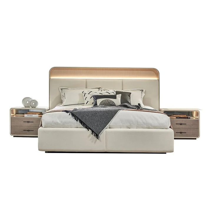 Libra 180X200 King Bed w/ 2 Night Stand w/LED and Dresser with Mirror + Stool - Light Brown / Beige