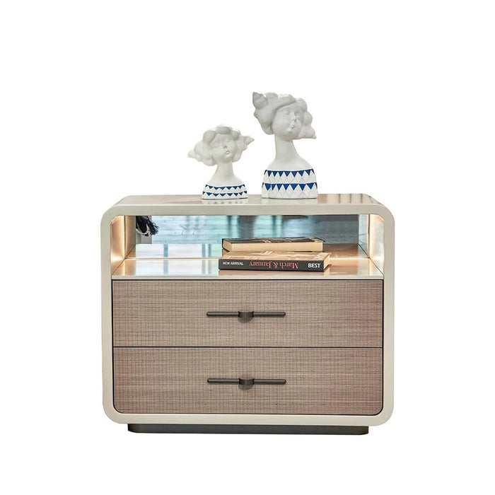 Libra 180X200 King Bed w/ 2 Night Stand w/LED and Dresser with Mirror + Stool - Light Brown / Beige