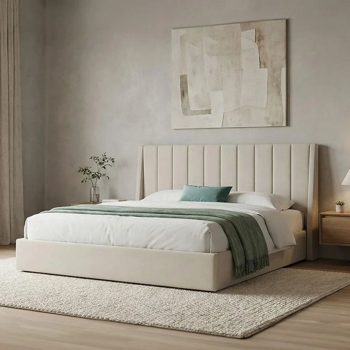 Supreme Benz 180x200 Upholstered King Bed | Modern Design Wooden Double Bed Frame Furniture | Comfortable Bed (Mattress Not Included) L215.5xW202xH111cm-Beige