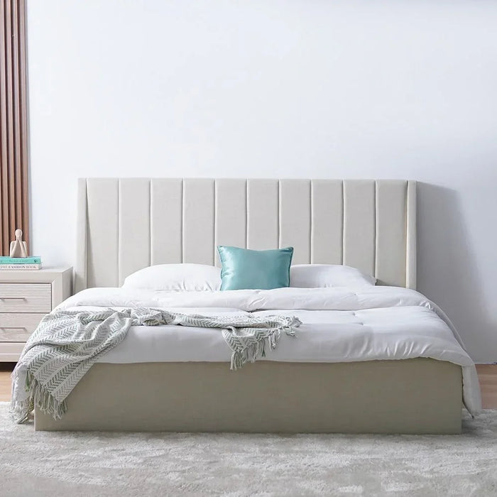 Supreme Benz 180x200 Upholstered King Bed | Modern Design Wooden Double Bed Frame Furniture | Comfortable Bed (Mattress Not Included) L215.5xW202xH111cm-Beige