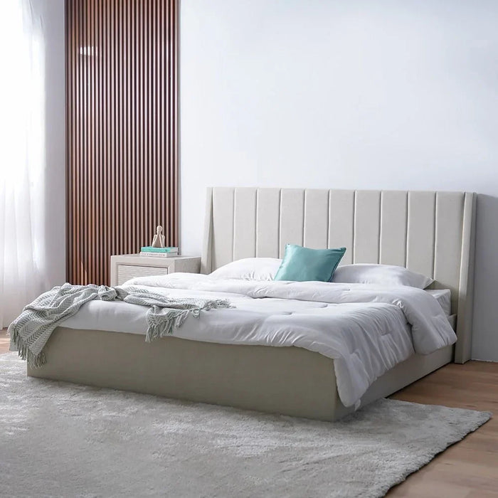 Supreme Benz 180x200 Upholstered King Bed | Modern Design Wooden Double Bed Frame Furniture | Comfortable Bed (Mattress Not Included) L215.5xW202xH111cm-Beige